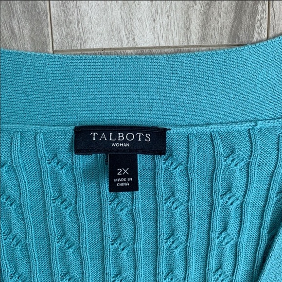 Talbots Light Teal Cable Knit V-Neck Cardigan - Picture 2 of 9